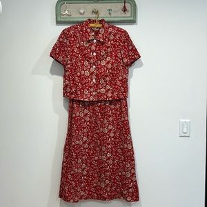 Vintage Talbots 2 PIece Linen Blend Floral Dress Set Sz 10 Womens Red w/ Jacket